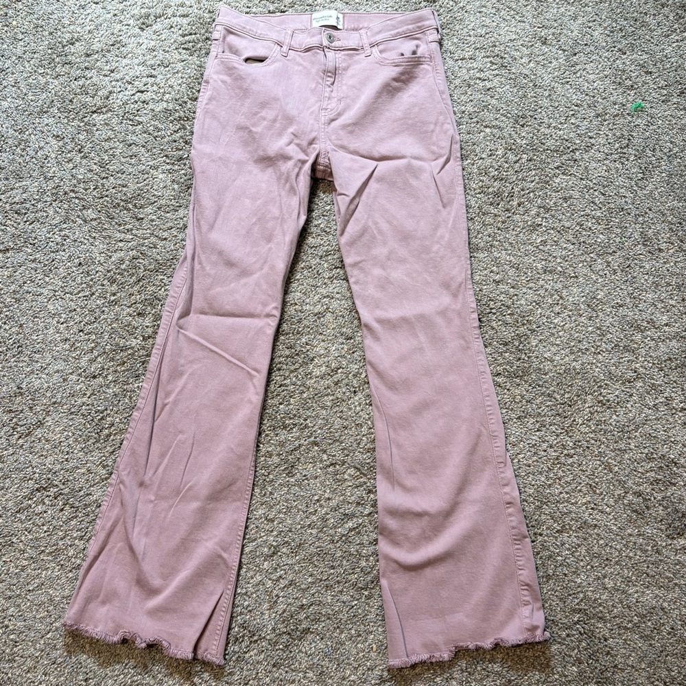 Abercrombie Kids Pink High Rise Flare Jeans Raw Hem Size 17/18 Light Mauve Rose - Picture 1 of 3